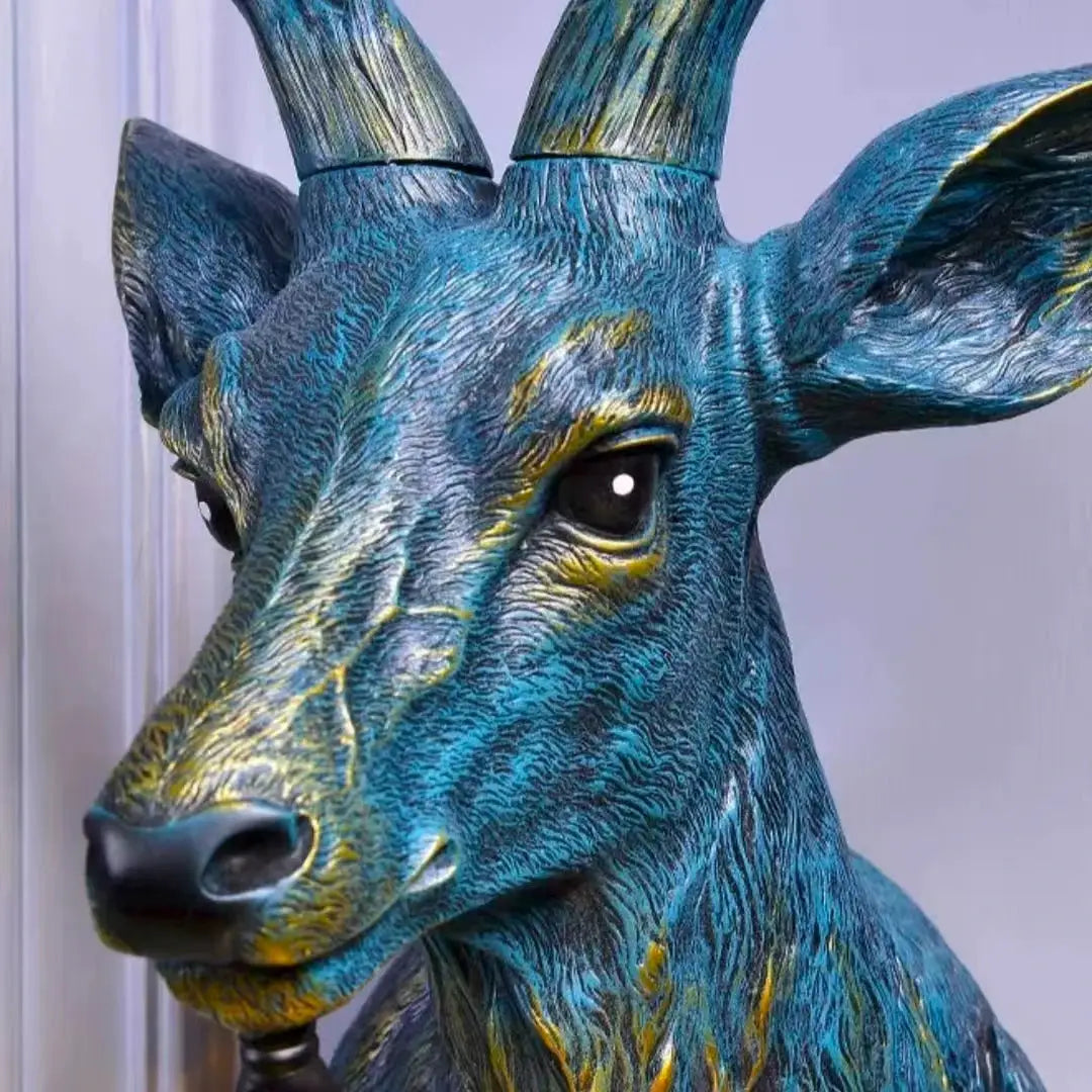 Lucky Deer wall lamp, blue resin deer head with gold accents