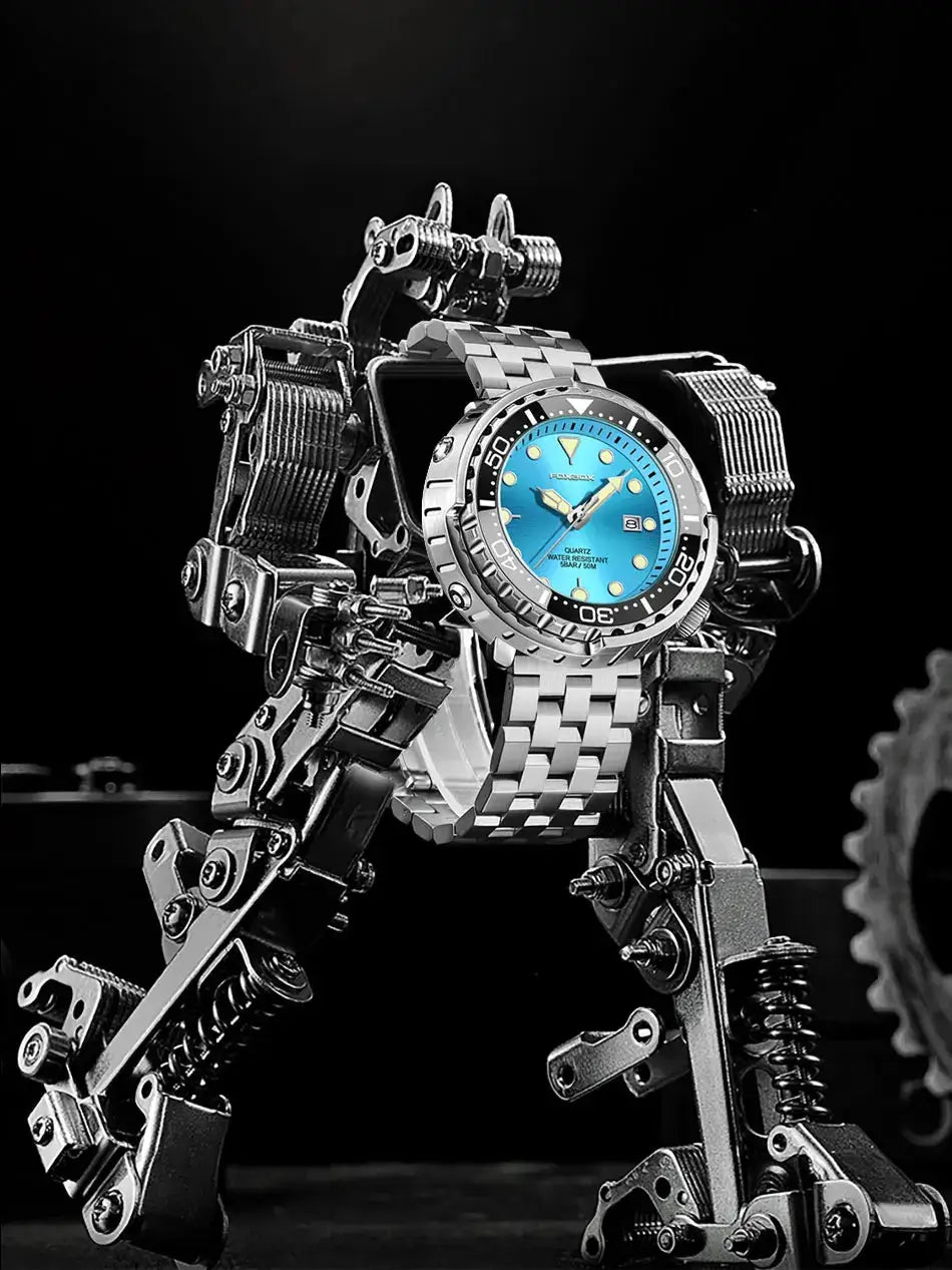 FOXBOXE quartz men's watch with blue dial and stainless steel bracelet