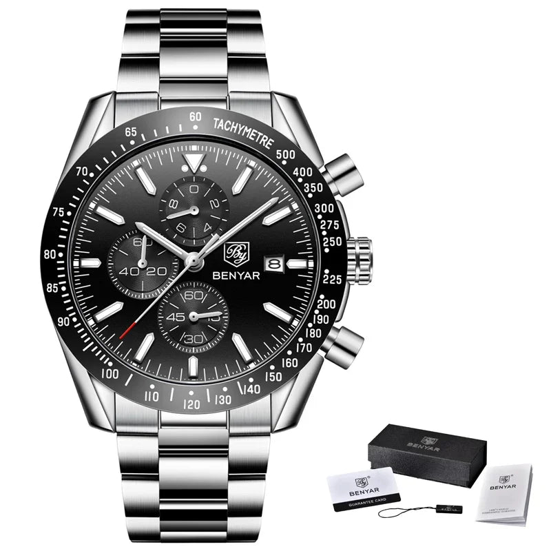 Men's BENYAR stainless steel chronograph watch with black dial, tachymeter bezel and metal bracelet
