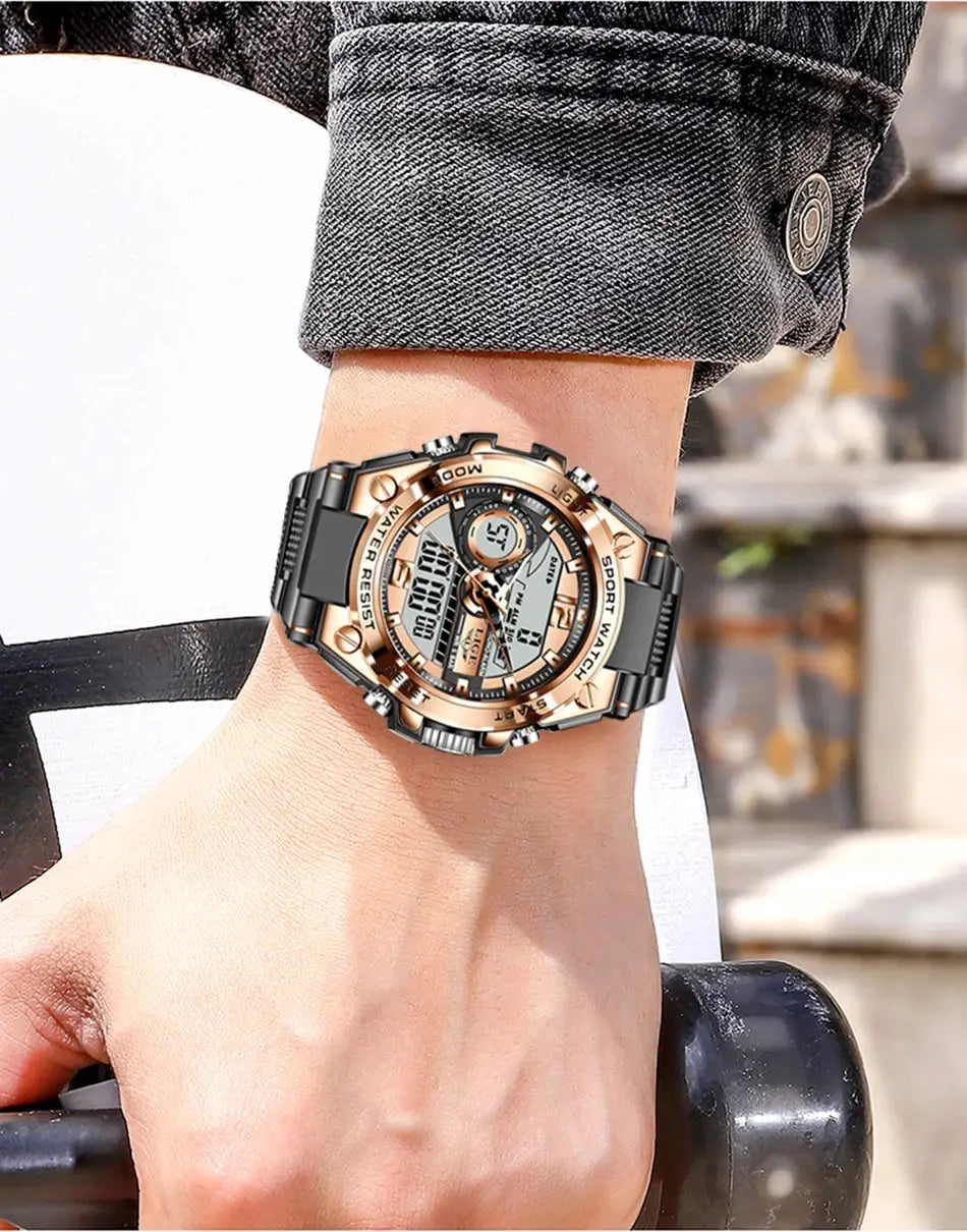 LIGE men's military watch with rose-gold bezel and black strap; digital-analog LED chronograph, 50m water resistant