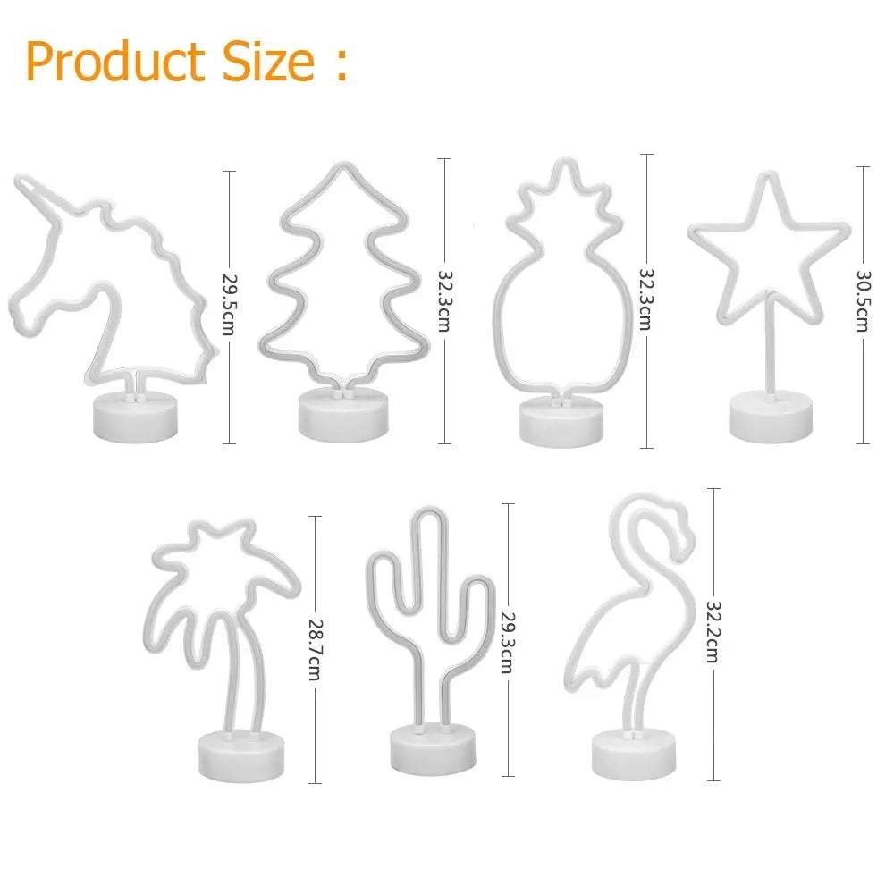 Set of 7 USB LED neon signs in white: unicorn, Christmas tree, pineapple, star, palm tree, cactus, flamingo.