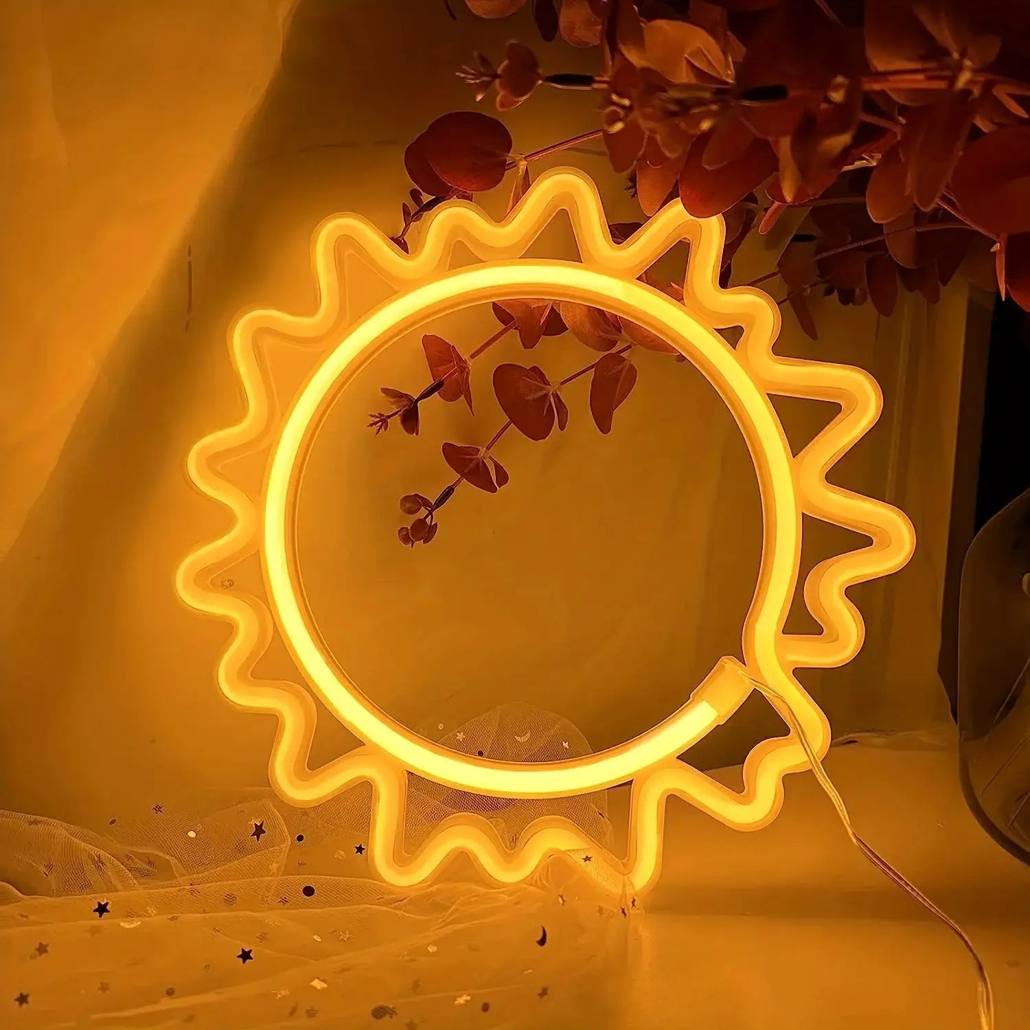 Sun-shaped neon LED light, 1 piece, warm amber glow, USB or battery powered decorative wall art