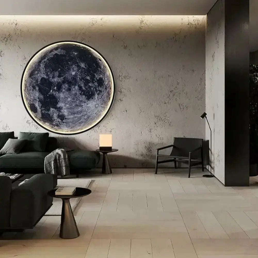 LED Moon Wall Lamp by Simples Market; round moon mural with halo LED glow for modern bedrooms and living rooms