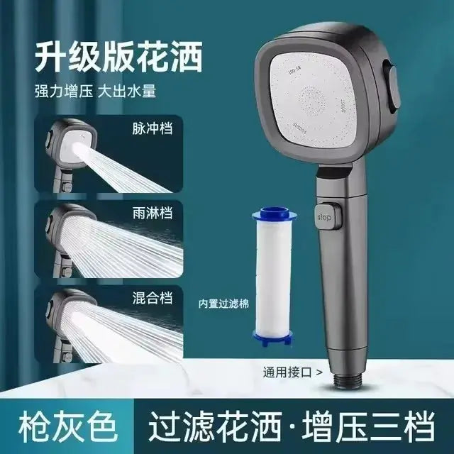Simples Market gunmetal grey shower head with 3 modes, high pressure, water-saving, includes filter cartridge