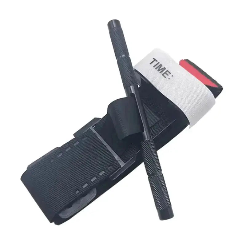Tourniquet, black tactical strap with white TIME label and aluminum windlass rod