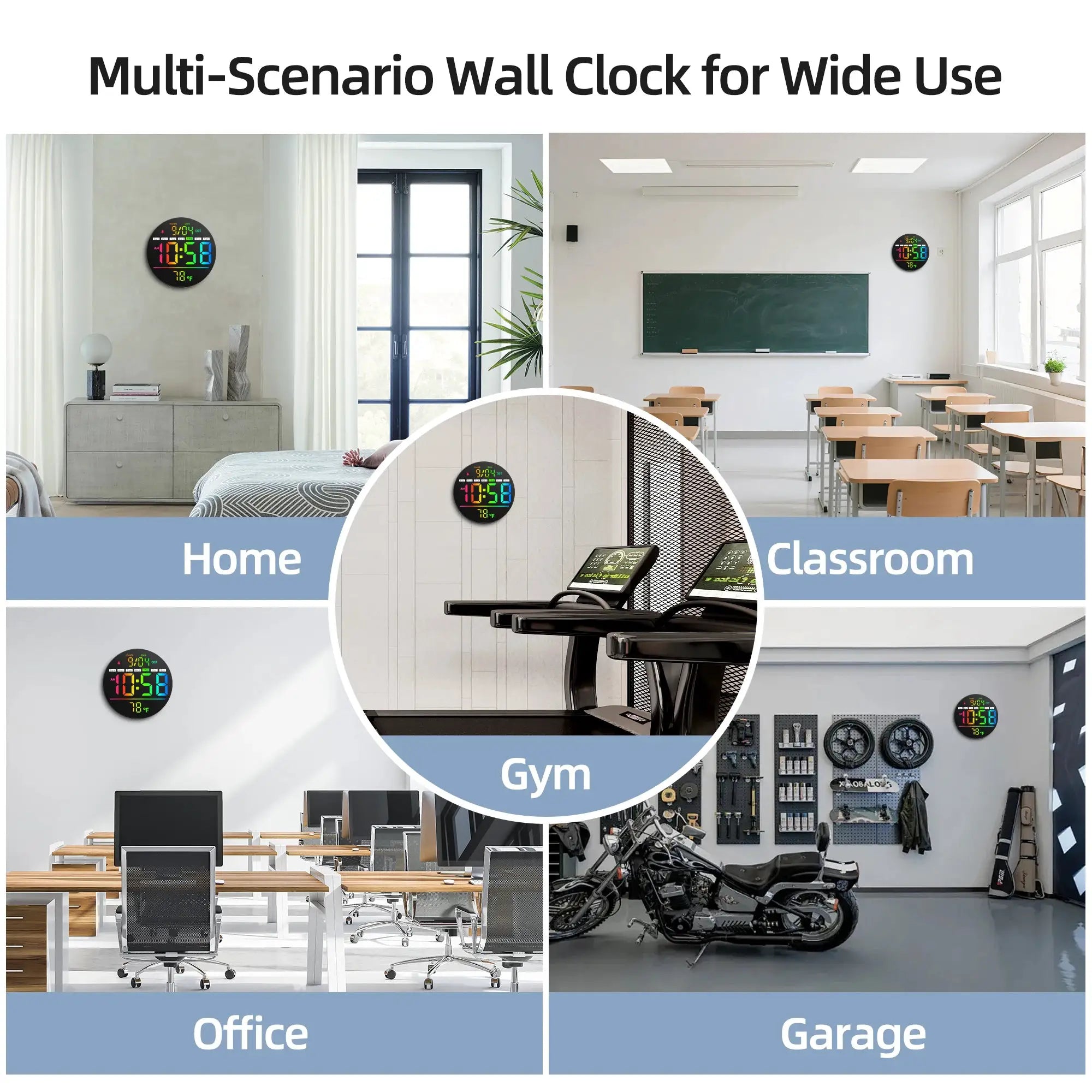 Simples Market 8'' LED wall clocks with RGB display; black finish shown across home, office and classroom scenes