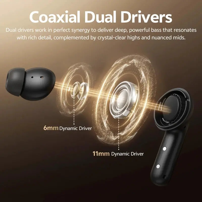 QCY MeloBuds N60 HT19 wireless earbuds by Simples Market, black with coaxial dual drivers.