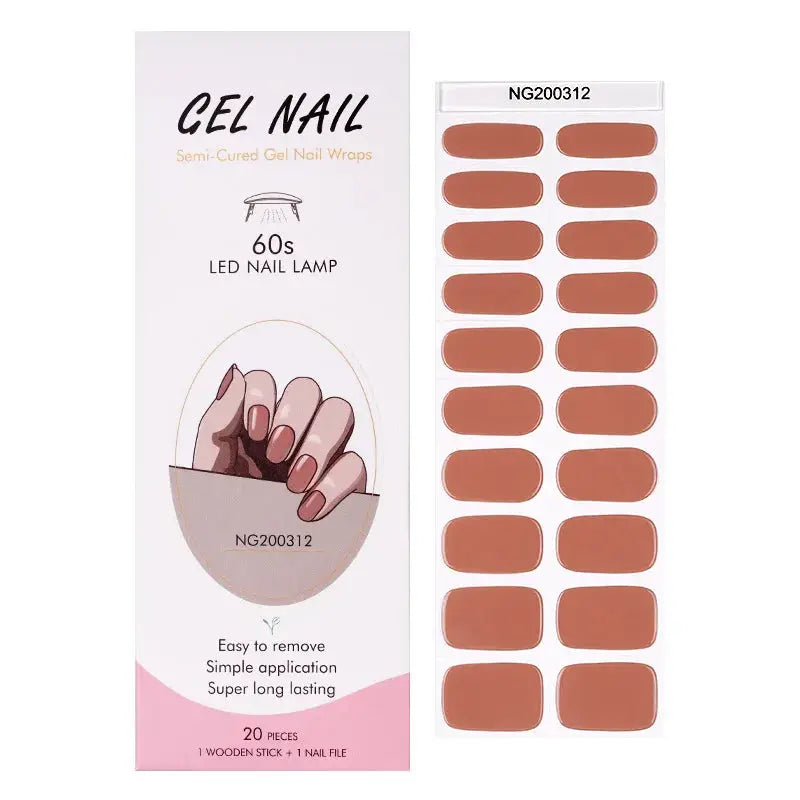 Gel nail wraps kit by Simples Market; full-cover semi-cured brown stickers, 20 pieces with wooden stick and nail file