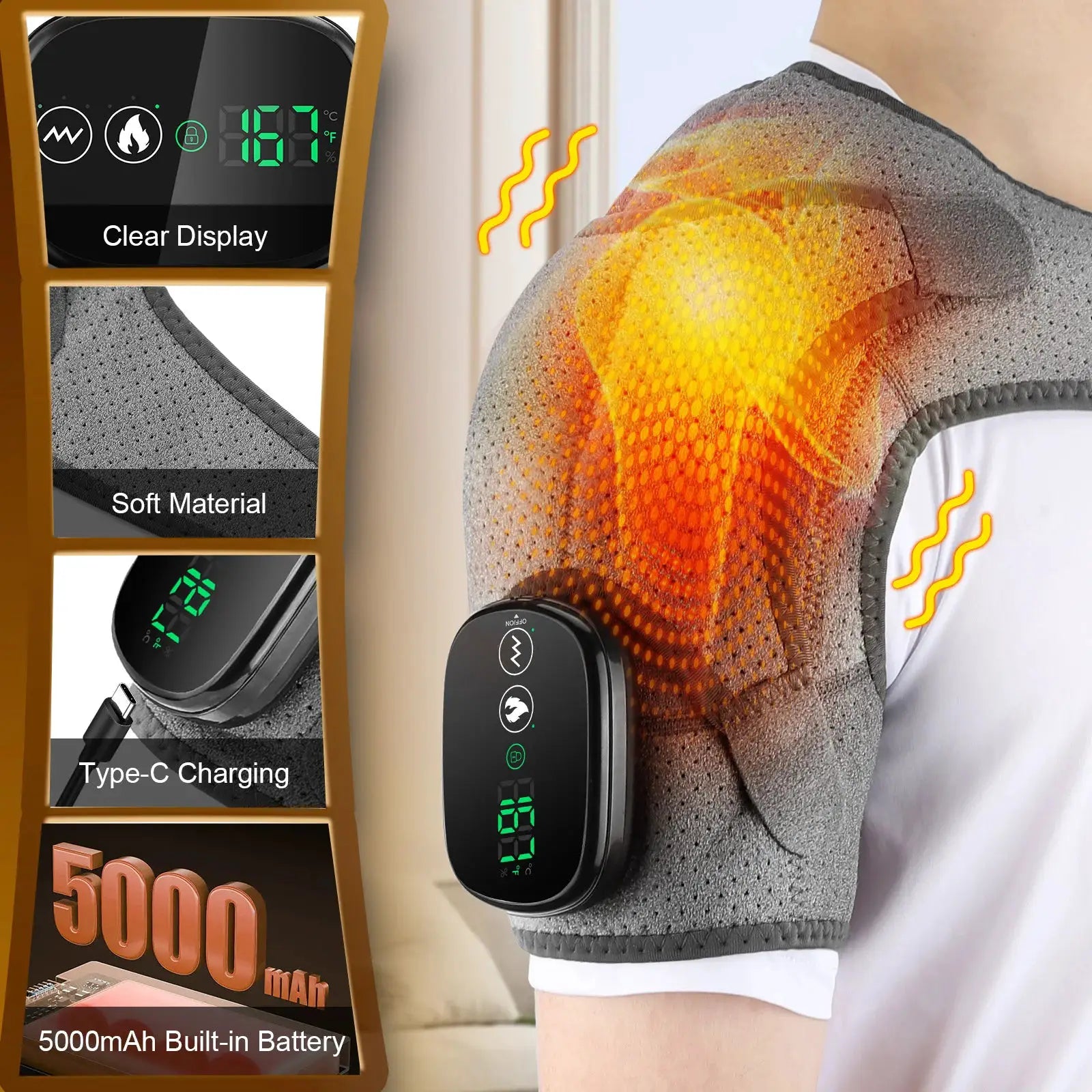 Simples Market electric heated shoulder brace wrap with adjustable strap, grey soft material and 5000mAh battery