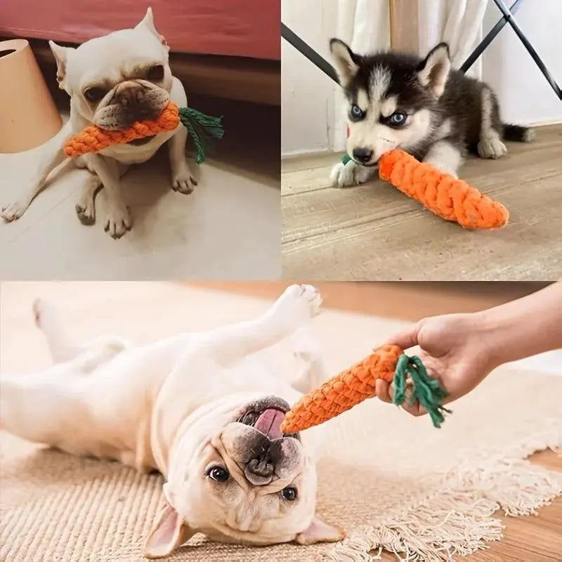 Orange carrot-shaped cotton rope pet knot toy for dogs and cats by Simples Market