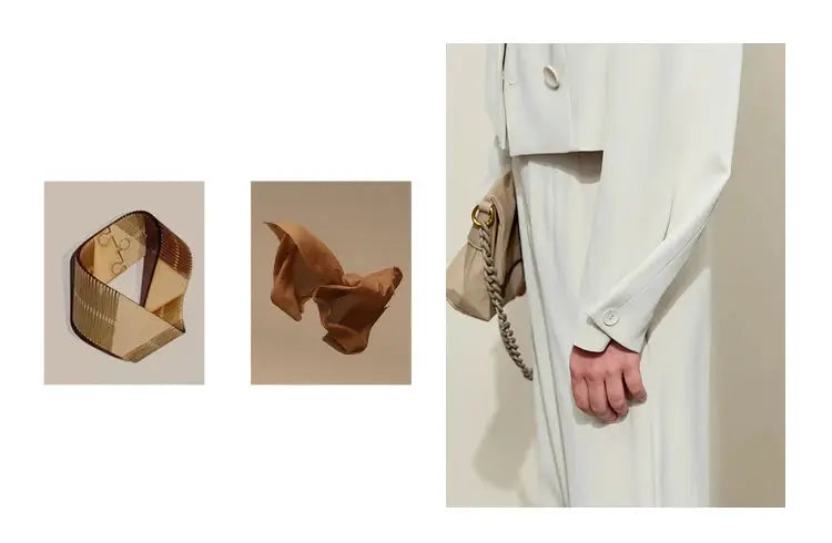 AMII Minimalism white blazer jacket from Simples Market with two beige fabric accessories