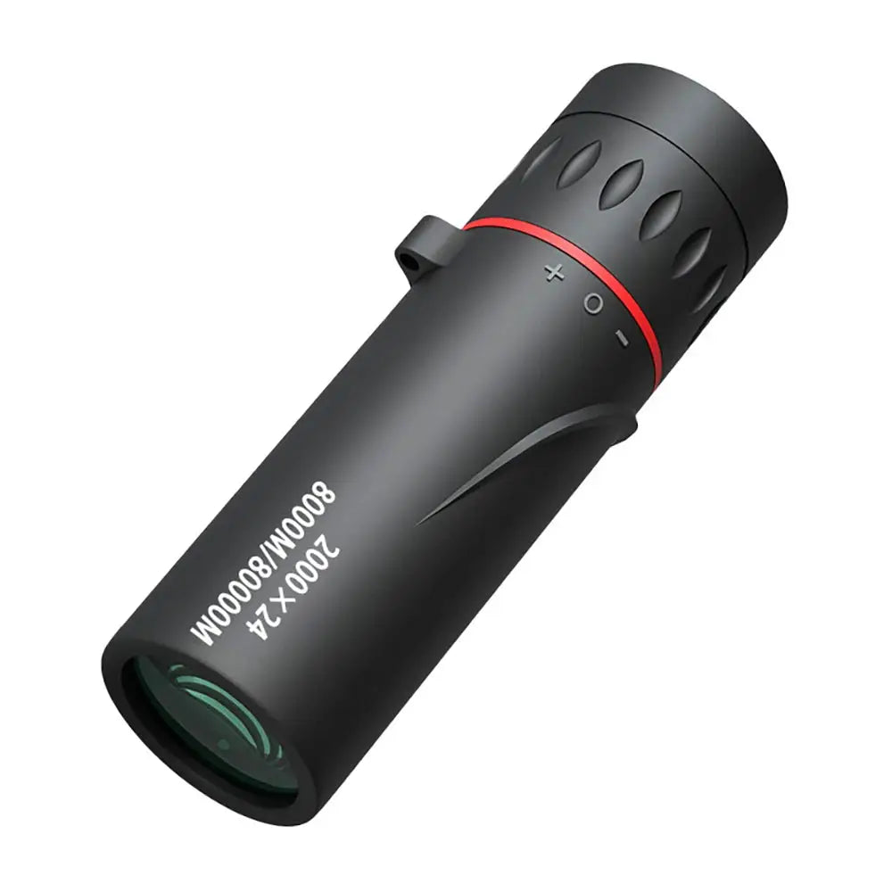 Monocular telescope 2000X24, black with red ring and textured grip.