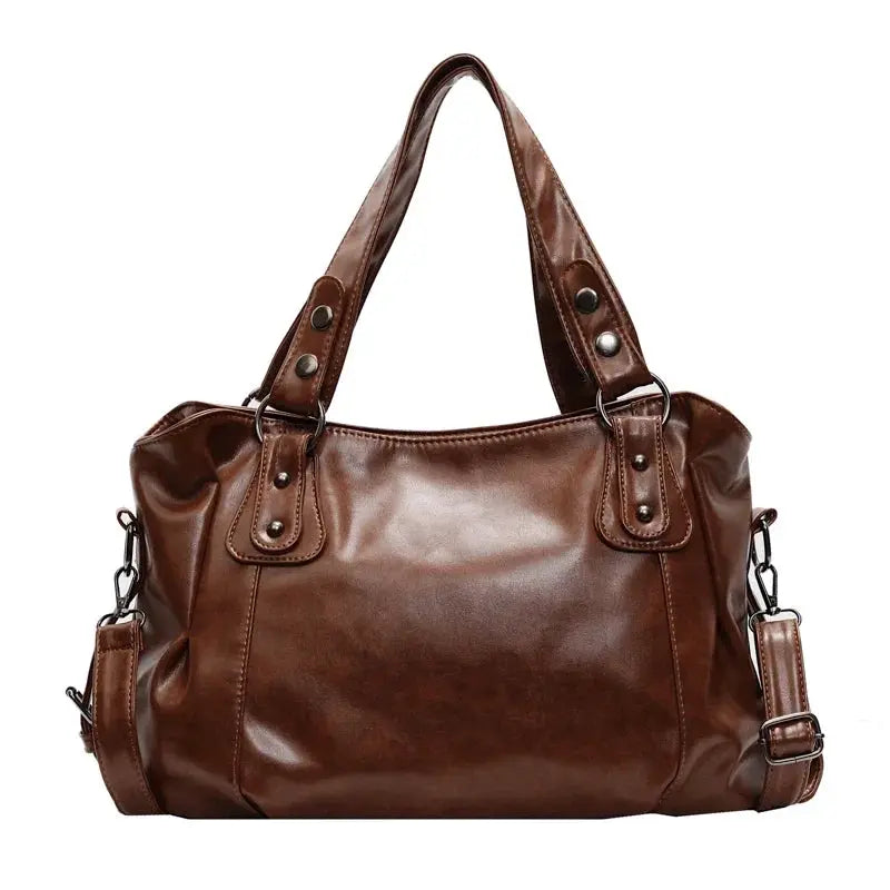 Simples Market brown PU leather tote bag with double handles and a detachable shoulder strap