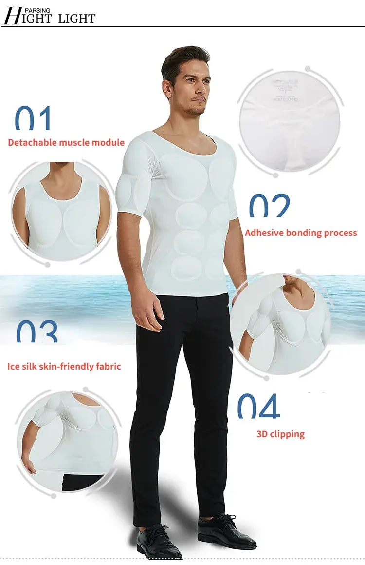 3D muscle T-shirt cosplay undershirt by Simples Market with detachable muscle module, white, skin-friendly fabric