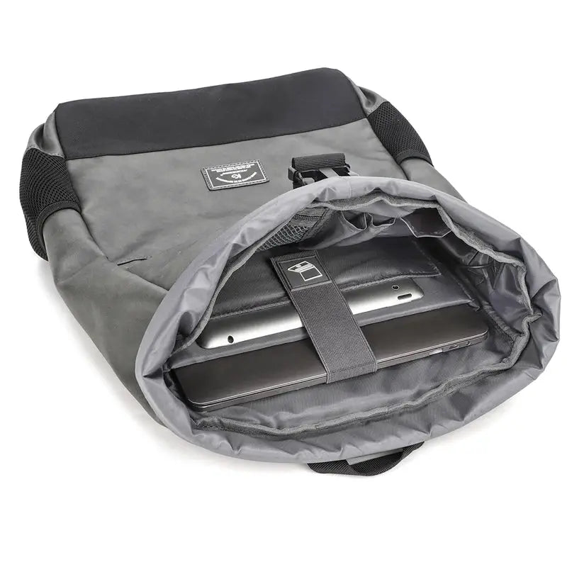 Roll-top backpack by Simples Market; gray waterproof PU leather, lightweight laptop bag