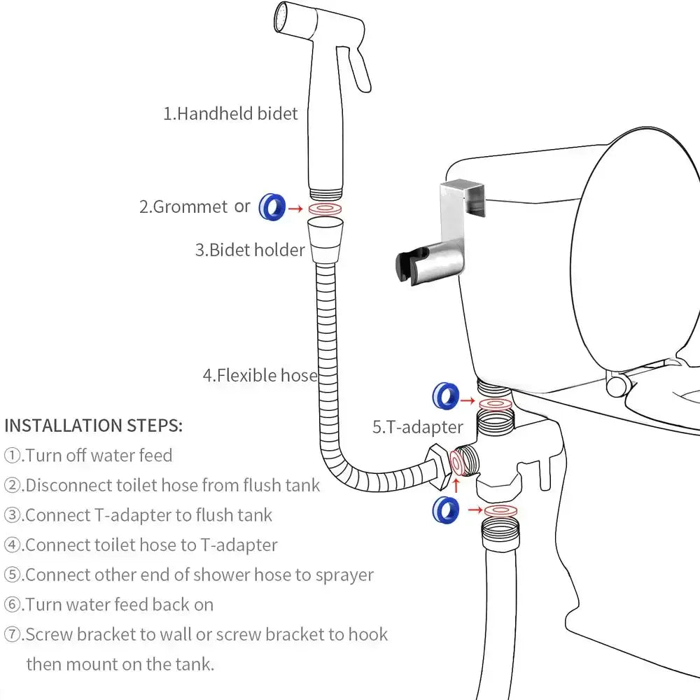 Simples Market handheld bidet sprayer set with stainless steel hose and T-adapter.