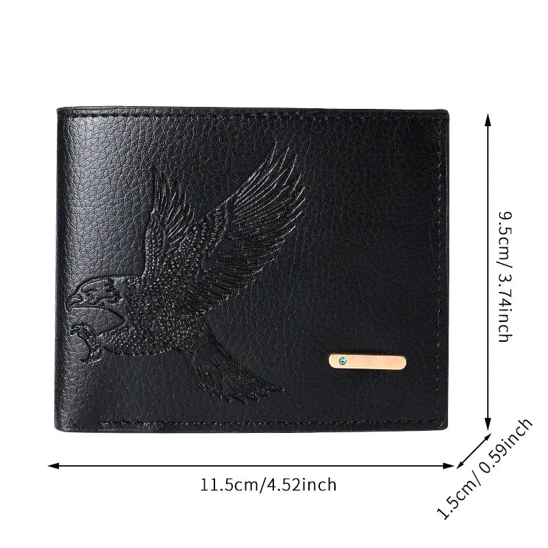 Men's black leather wallet with eagle embossing, slim and compact (11.5×9.5×1.5 cm)