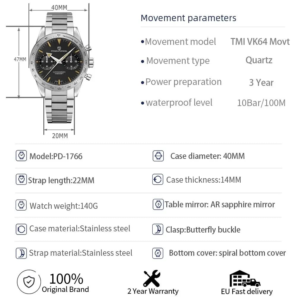 PAGANI DESIGN stainless steel men's chronograph watch with black dial, sapphire crystal, luminous hands, 40mm case