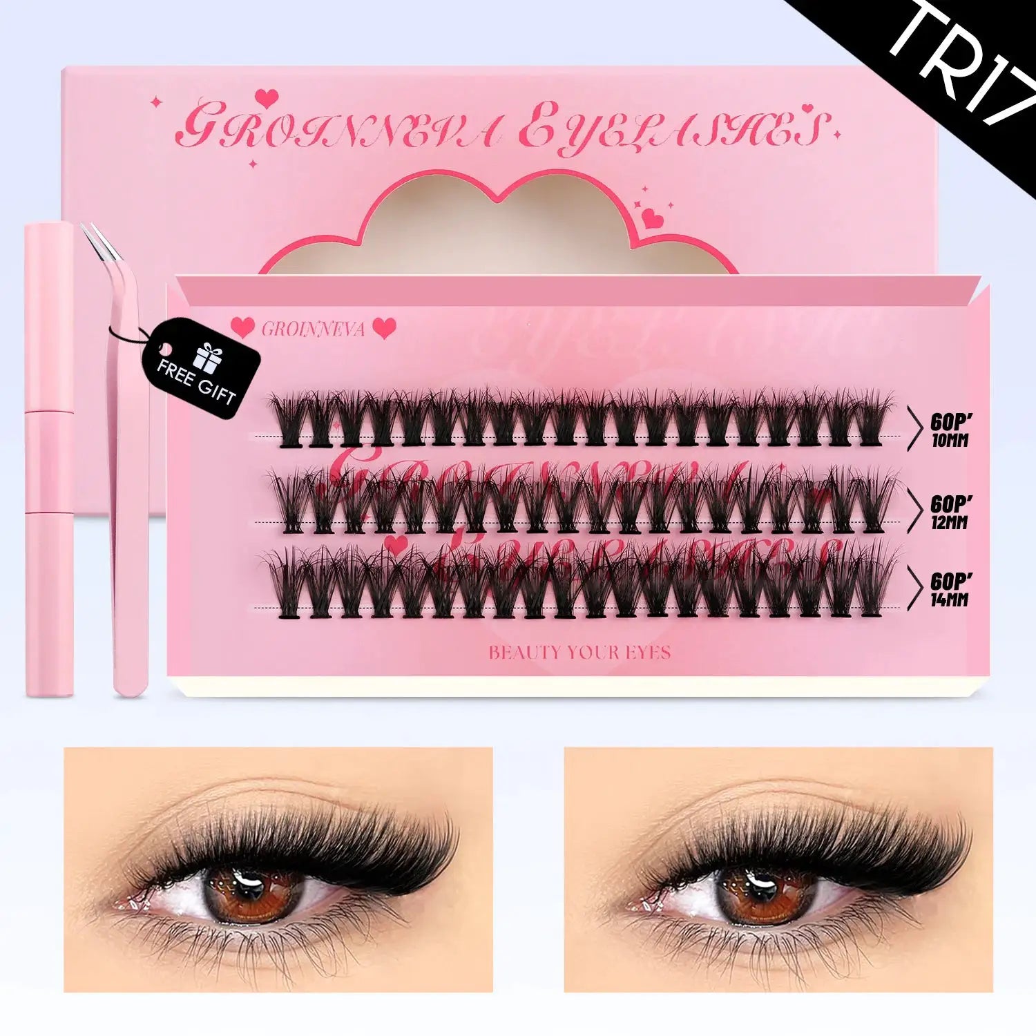 GROINNEYA Lash Clusters Kit Waterproof Strong Hold DIY Lash Extension Kit Bond And Seal Eyelash Tweezers Makeup