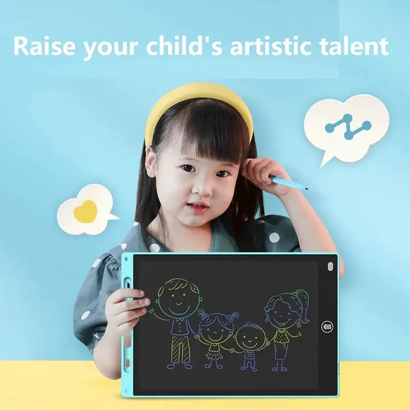 Drawing tablet LCD writing board with turquoise frame and blue stylus.