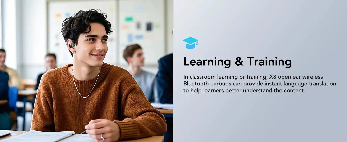 ERAZER X8 AI Translator Earbuds by Simples Market worn by a student in a classroom; Bluetooth 5.4 with mic.