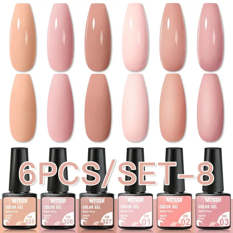 6-piece Simples Market gel nail polish set in nude pink shades with pink-labeled color gel bottles