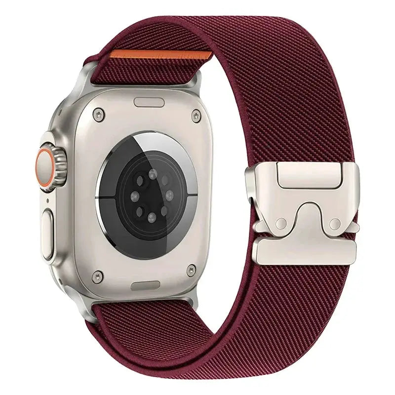 Braided elastic nylon strap for Apple Watch Ultra 2, burgundy with metal clasp; fits 49mm/46mm