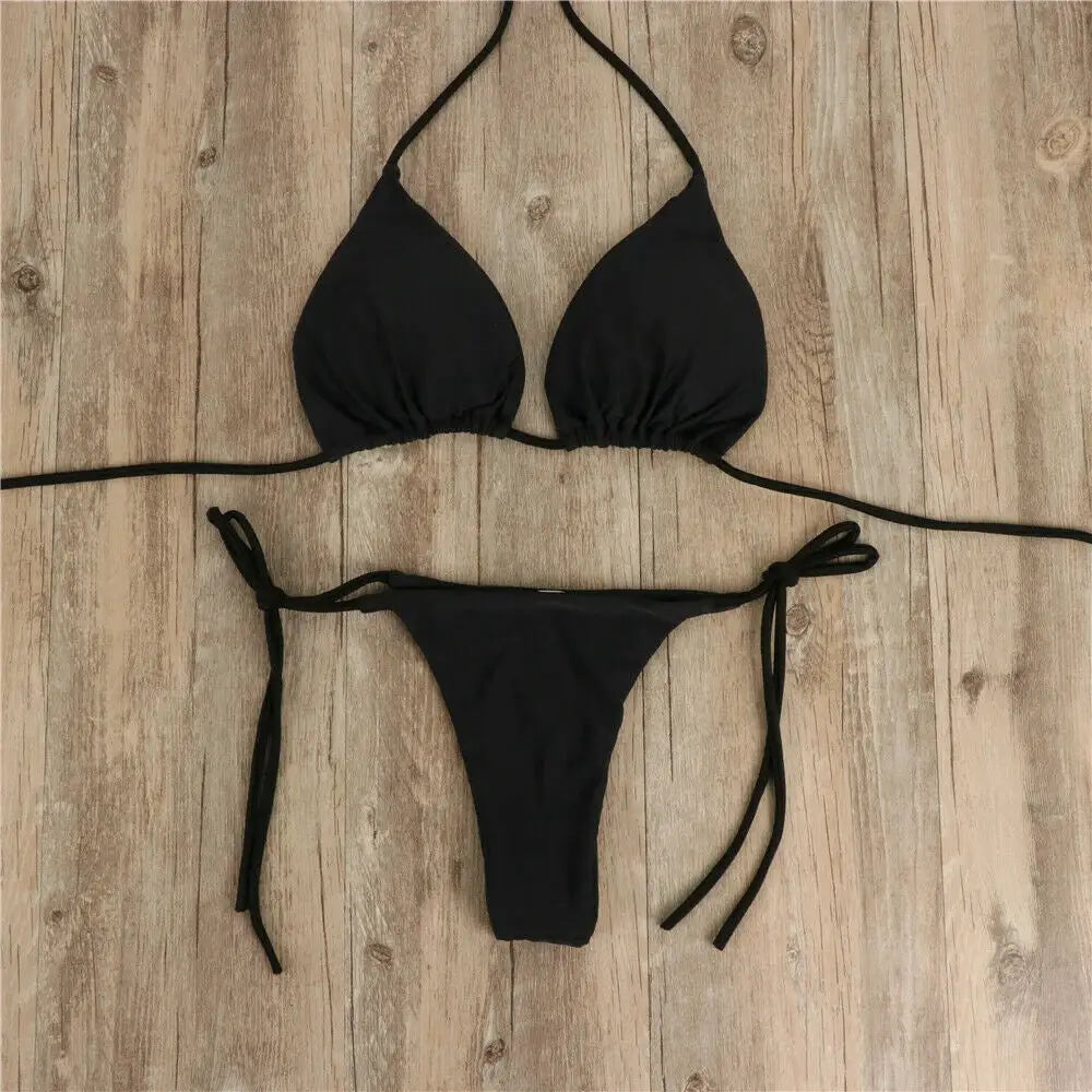 Women's bikini set by Simples Market: black triangle top with tie sides and thong bottom