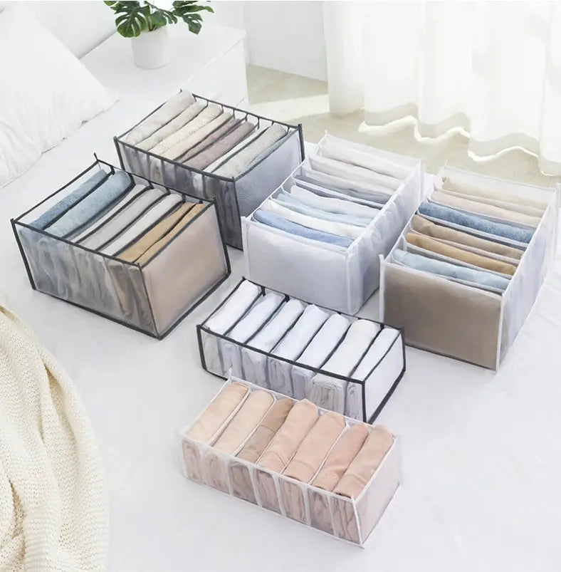 Fabric organizer storage boxes for panties and socks in neutral tones by Simples Market set of seven