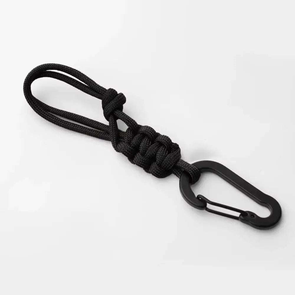 Outdoor multifunctional water bottle buckle keychain by Simples Market, with black paracord weave and carabiner.