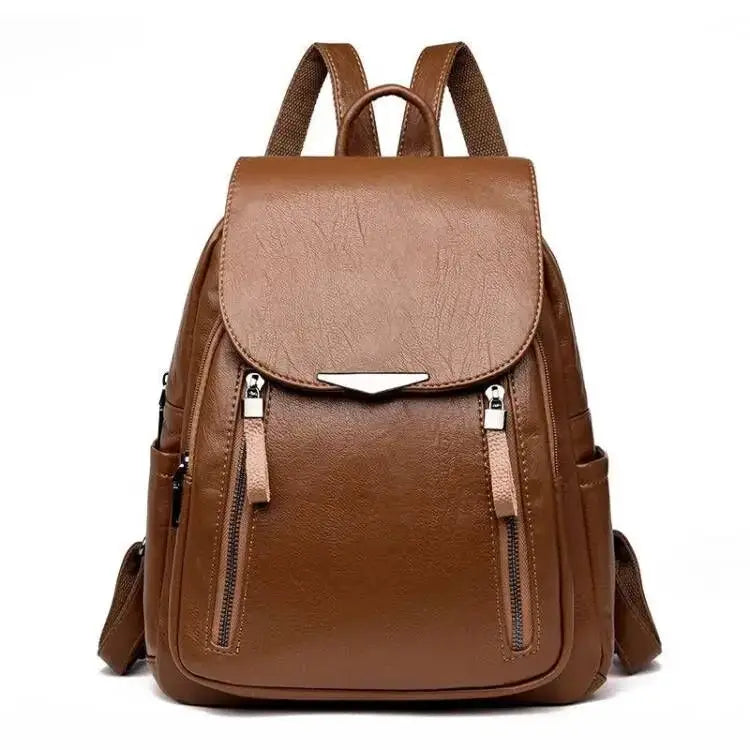 Yogodlns brown PU leather backpack for women with flap and dual zipper pockets
