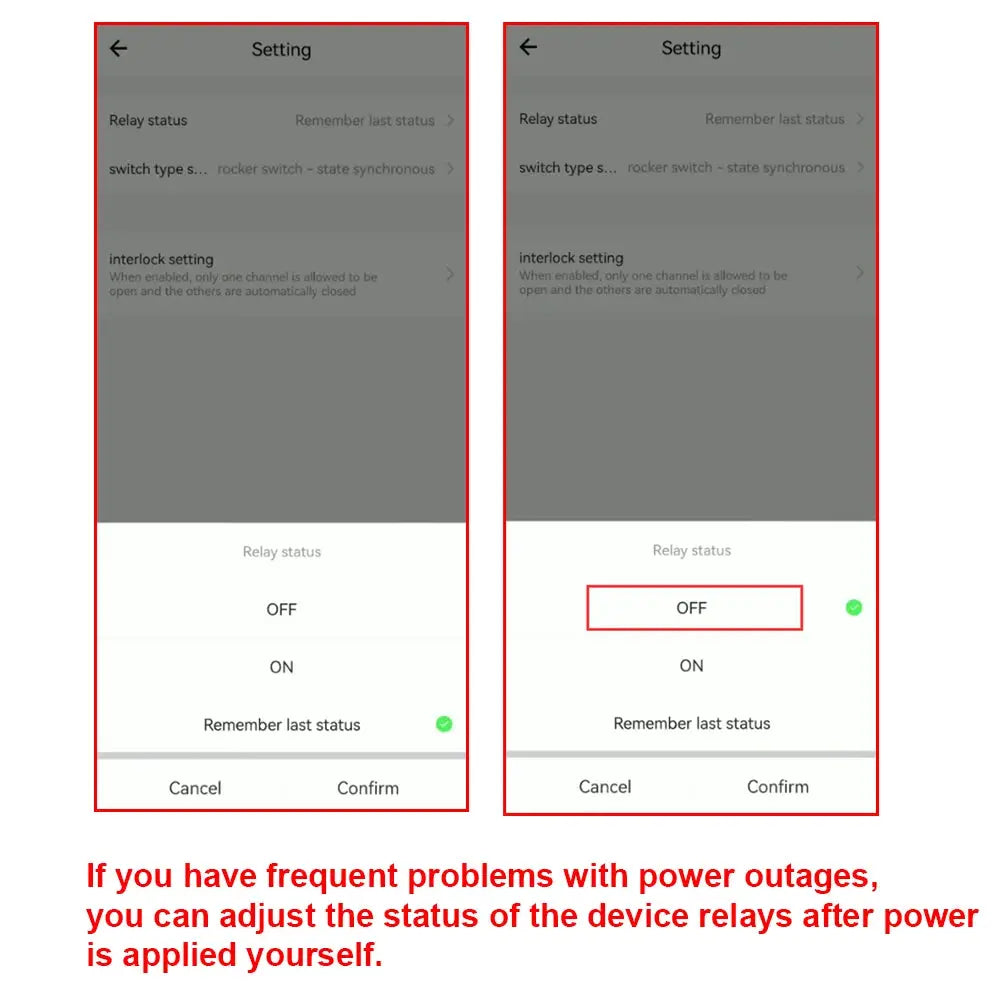 Simples Market smart wifi door switch 2-channel relay app settings screens showing OFF/ON options across two screenshots