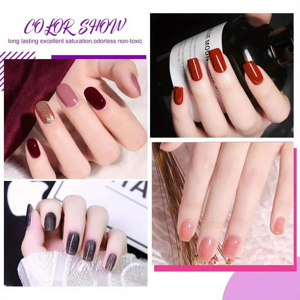 Simples Market 3-piece gel nail kit: top coat, base coat, clear coat; collage of swatched nails
