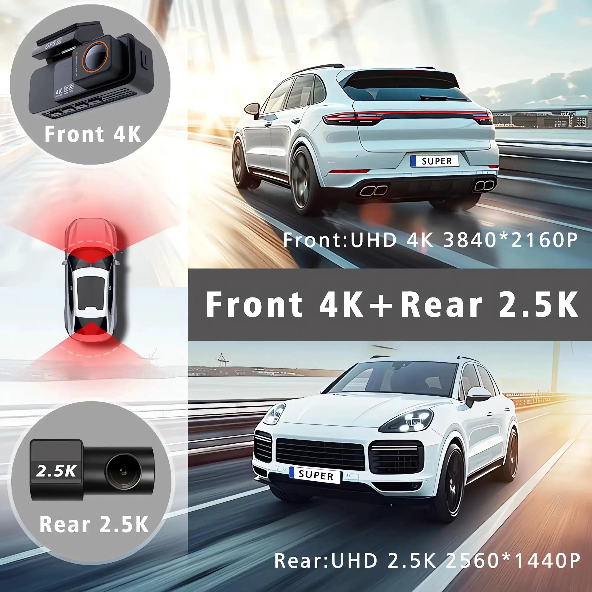 Simples Market dash cam dual-lens car camera with front 4K and rear 2.5K, GPS, Wi‑Fi, night vision, black