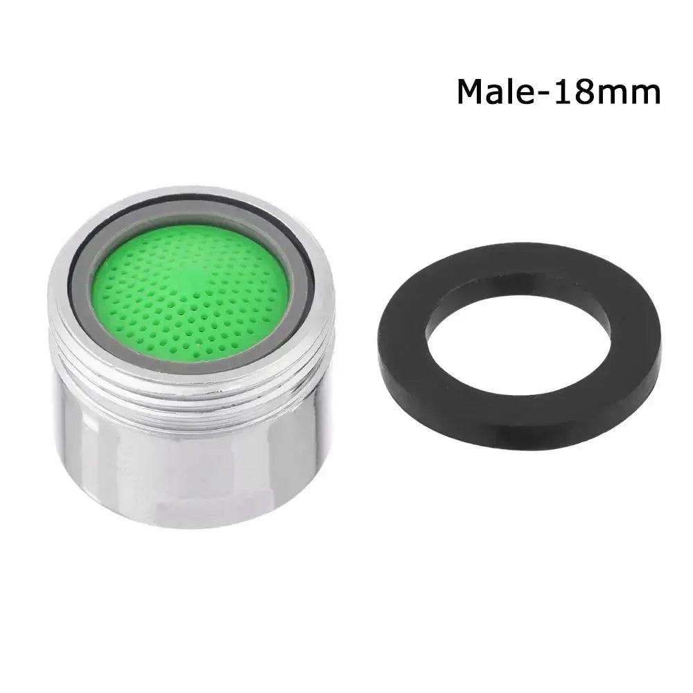 Faucet aerator with green filter inside chrome body; 18mm male thread includes rubber gasket