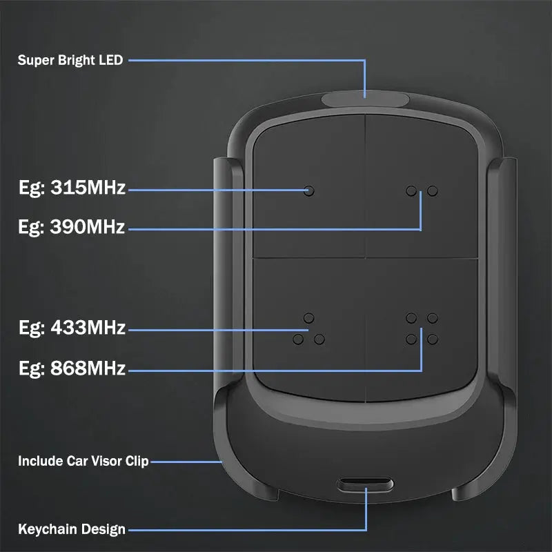 Simples Market garage door remote duplicator, multifrequency 280MHz–868MHz, with visor clip and keychain design