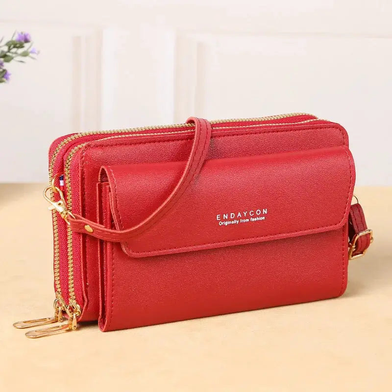 Red crossbody bag with double zippers, ENDAYCON logo, large-capacity women's fashion bag