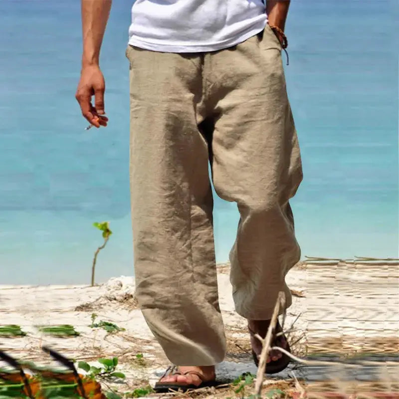 Men's cotton linen pants, beige loose jogger-style long trousers with drawstring