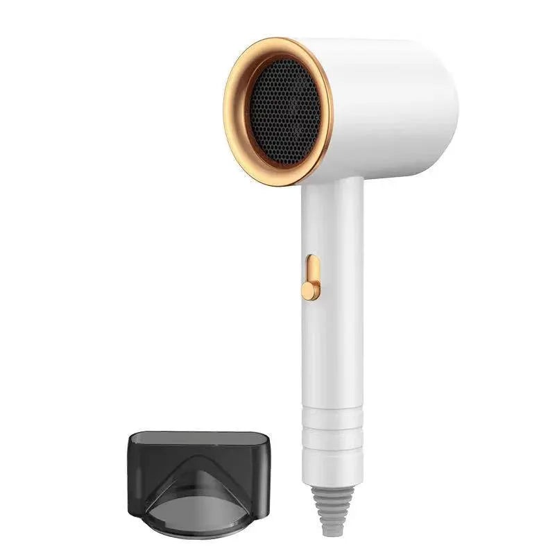 Hair dryer by Simples Market, white body with gold ring around the nozzle and 1 black concentrator attachment