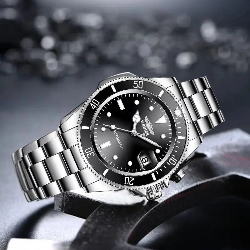 Winner 002 Automatic Mechanical Wristwatch Luminous Hands And Date Display Stainless Steel And Leather Strap For Men