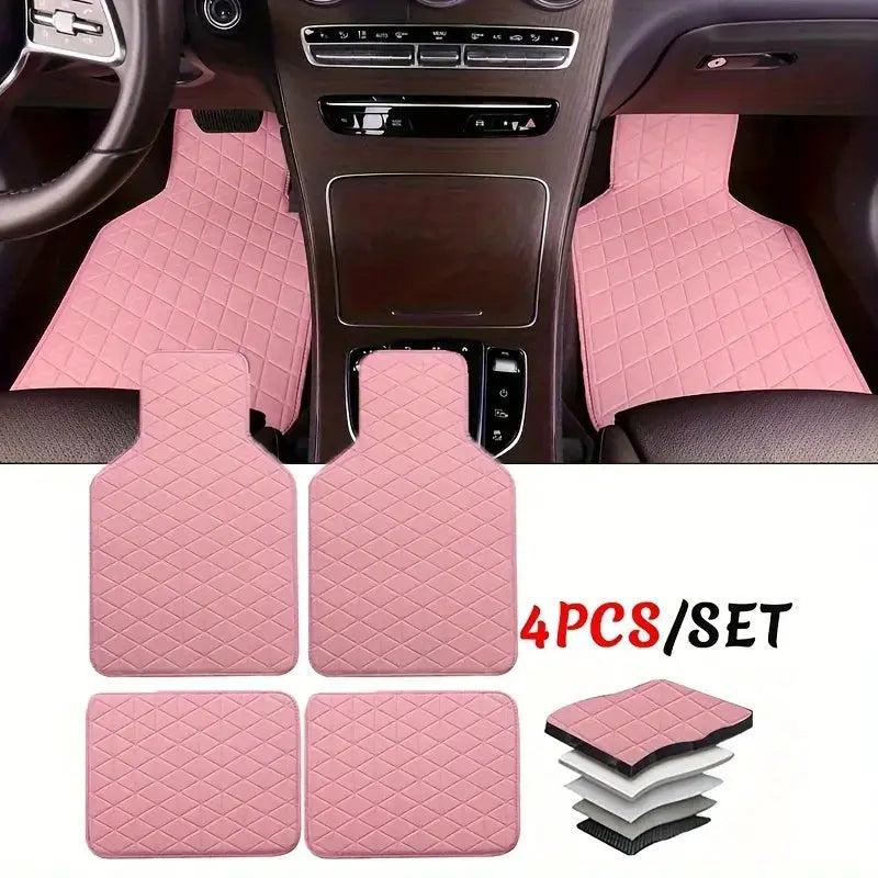 4-piece pink waterproof PU leather car floor mat set with diamond-quilted pattern by Simples Market