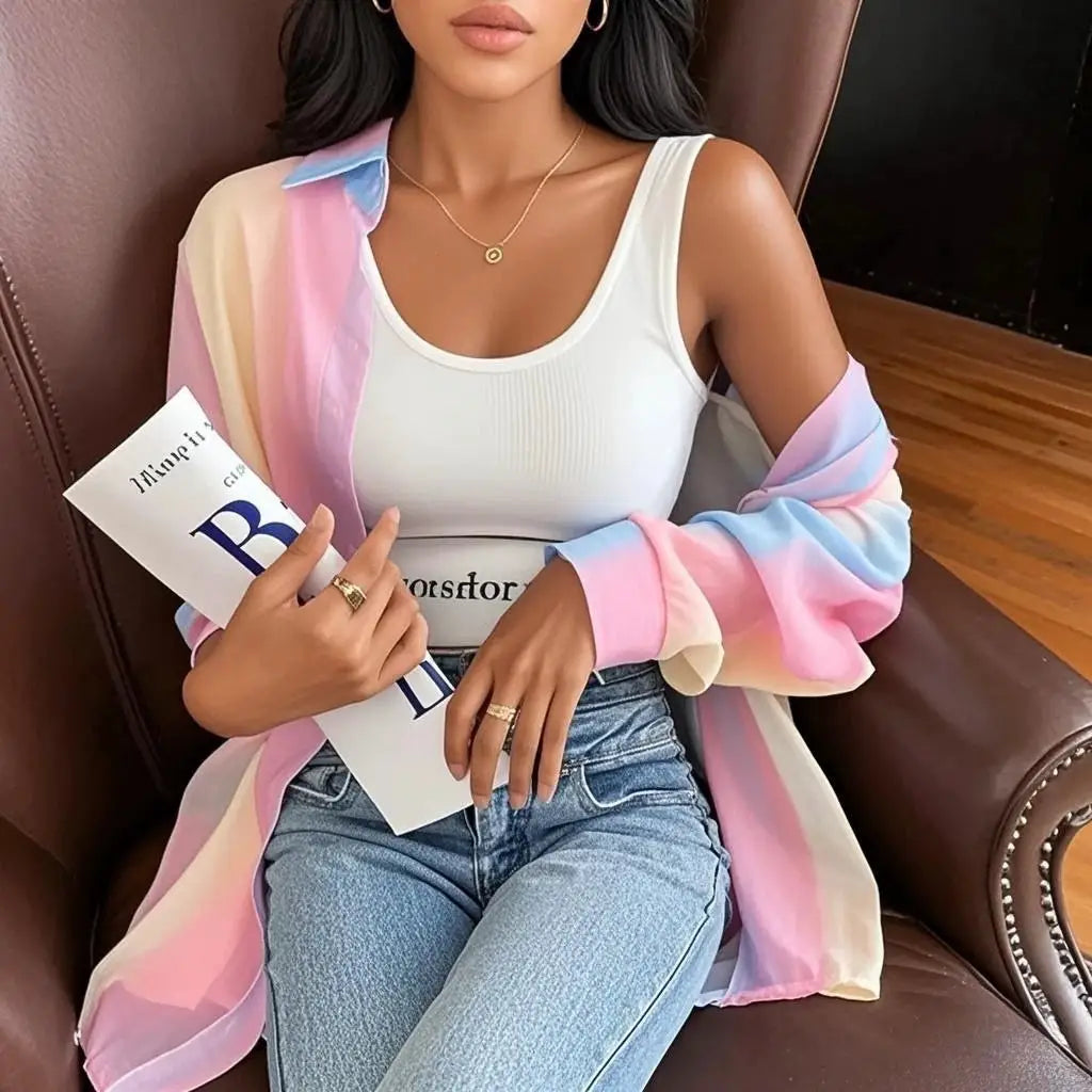 See-through gradient rainbow long-sleeved shirt worn loose over a white tank, pastel pink and blue tones.