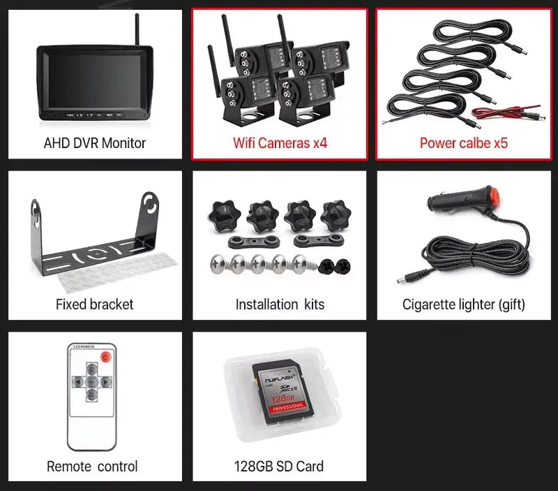 GreenYi 7-inch AHD DVR Monitor kit with 4 wireless cameras, 5 power cables, remote, bracket, 128GB SD card