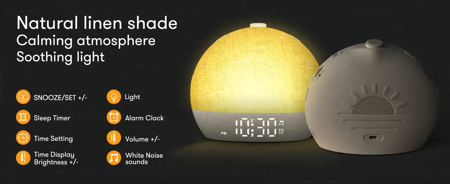 Wake Up Light Sunrise Alarm Clock with white-gray body, dimmable RGB night light and white noise sound machine