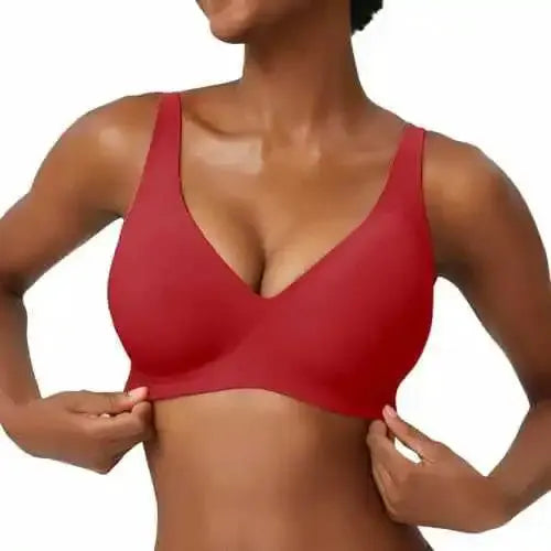 Women's wireless seamless full-cup red bra with soft, breathable support.