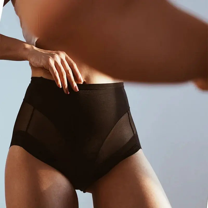 Simples Market women's high-waist slimming briefs with tummy control, black mesh-panel shapewear