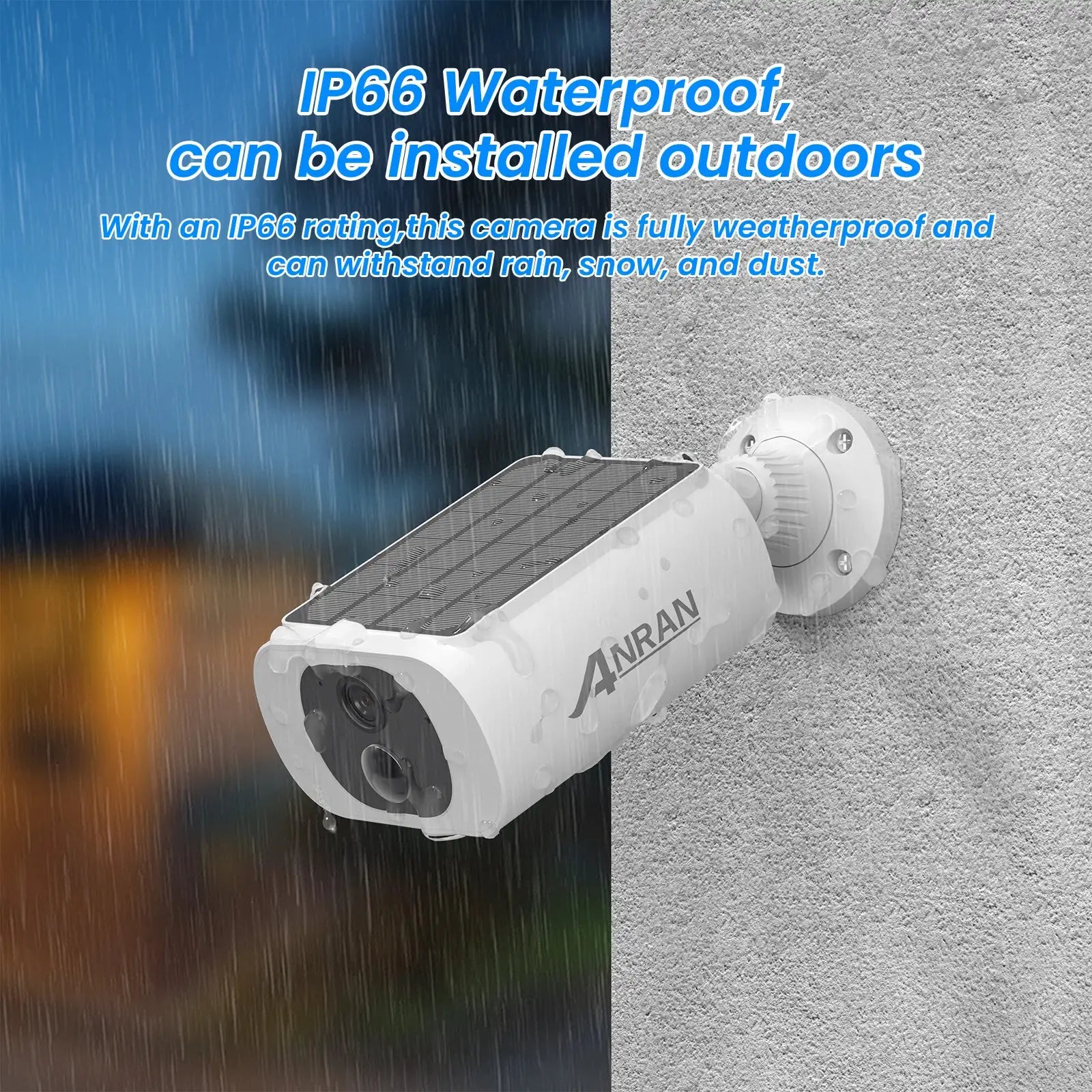 ANRAN solar outdoor security camera, white with integrated solar panel, wall-mounted