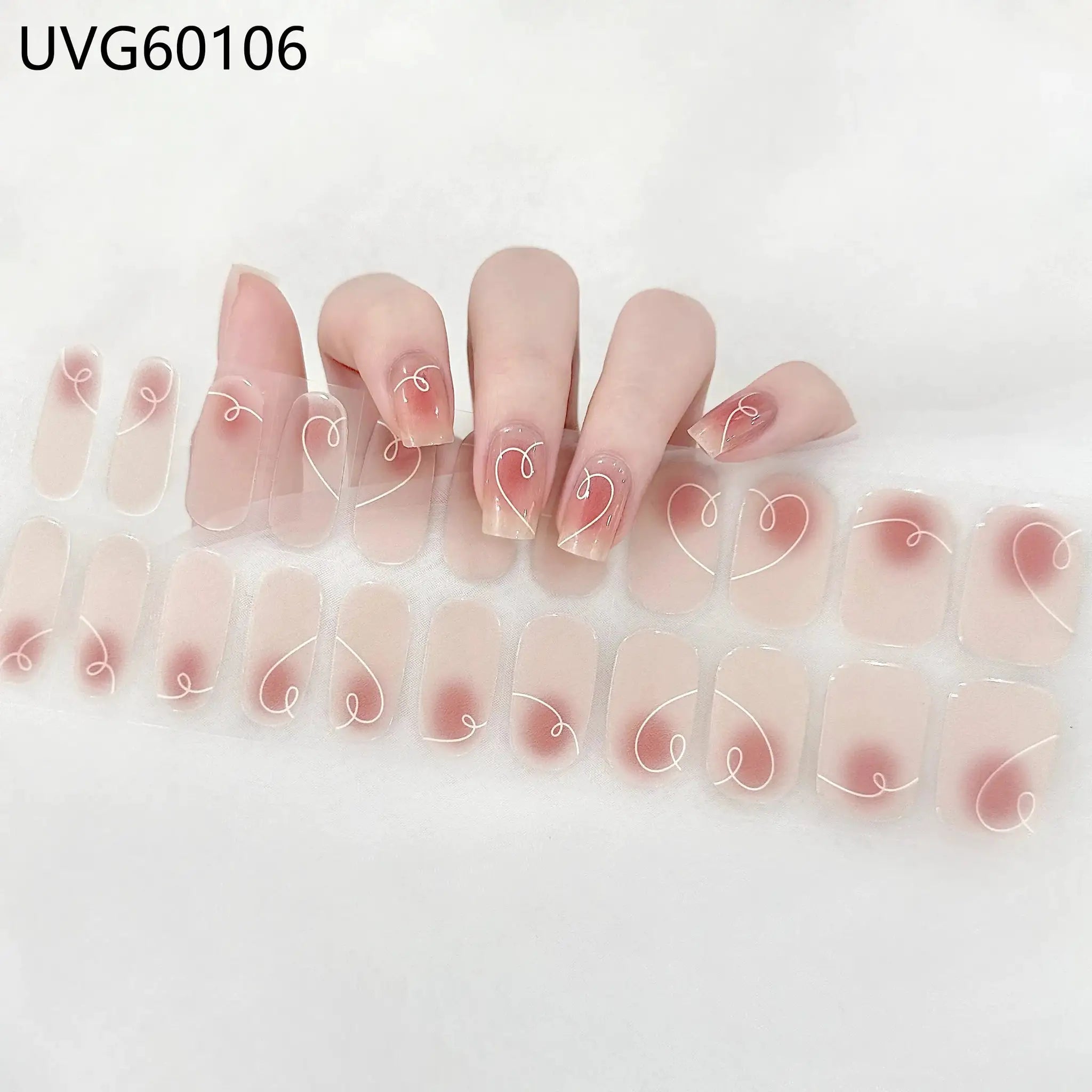 Gel nail wrap sheets with translucent nude tips and white swirl design; full-cover DIY manicure set