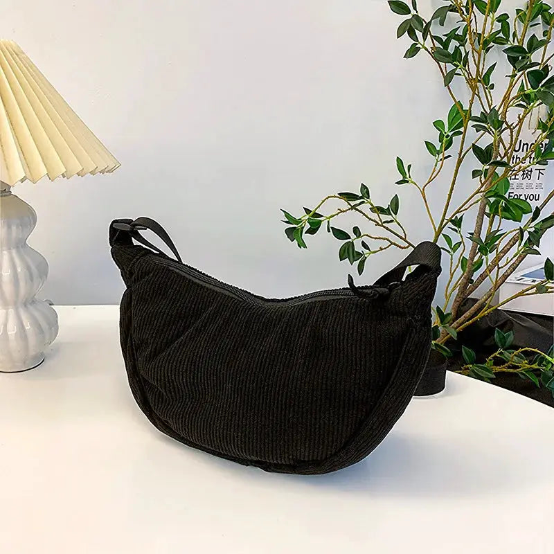 Corduroy women's hobo shoulder bag, black, retro casual crossbody handbag.