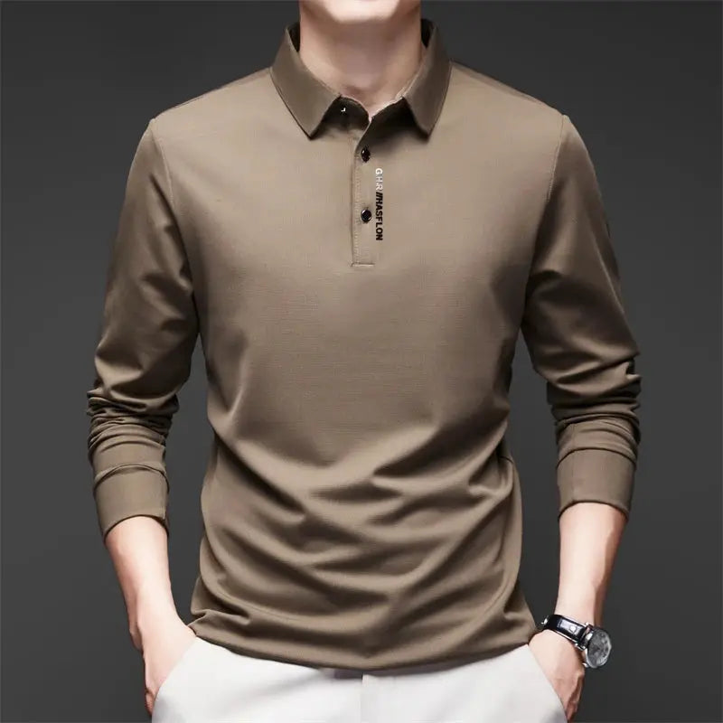 Men's brown long-sleeve polo shirt by Simples Market, solid color with collar and button placket.